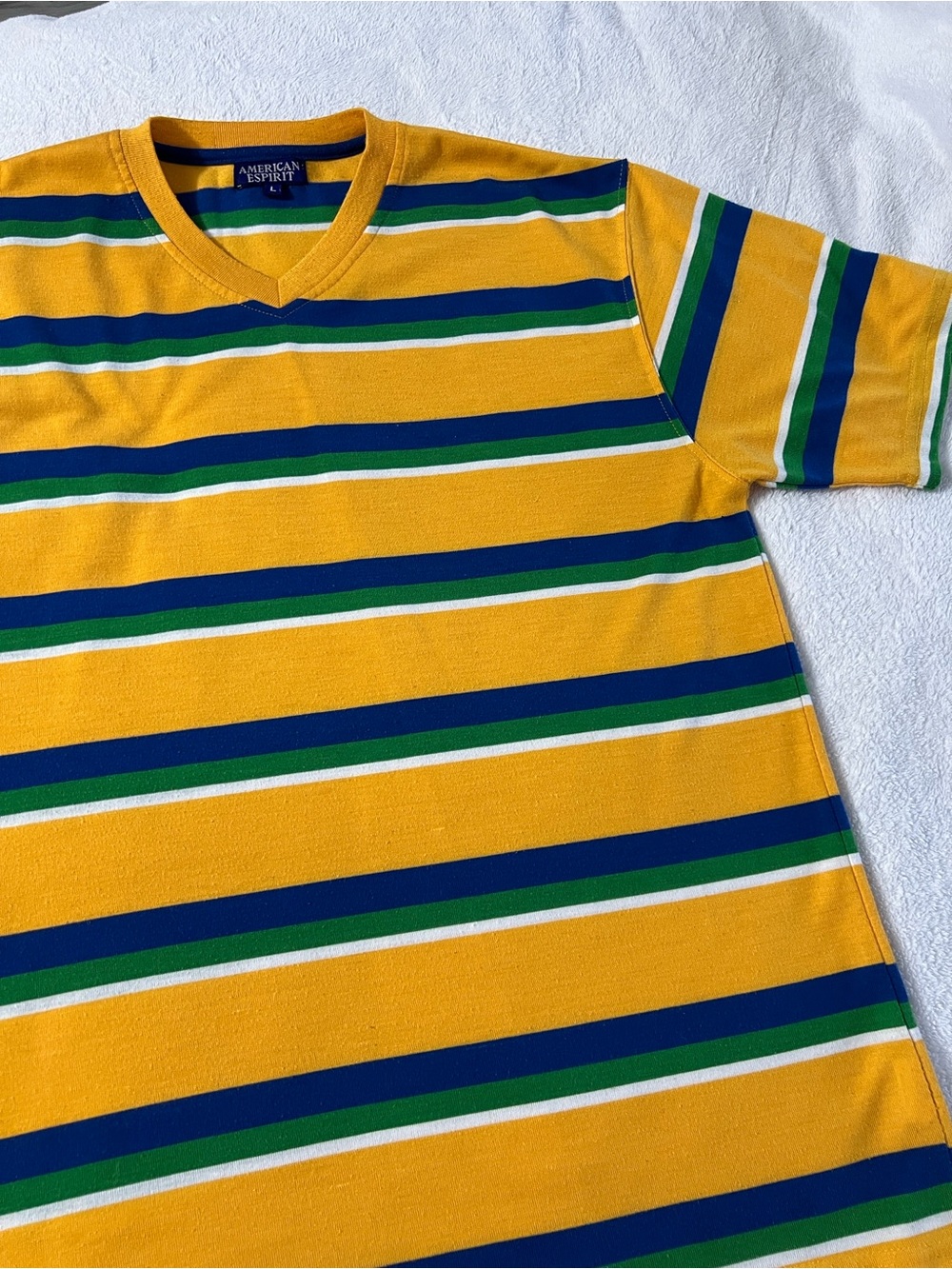 Esprit Yellow Striped V-Neck Tee with Blue, Green, and White Bands